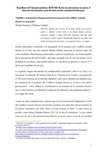 Familia y transmisión intergeneracional de memorias del conflicto armado interno en Ayacucho