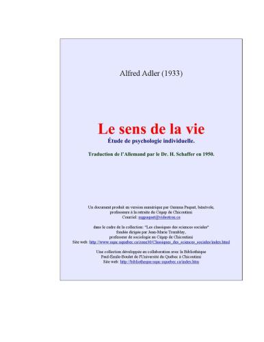 Le sens de la vie. Etude de psychologie individuelle