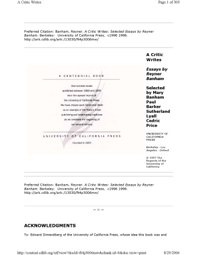 A Critic Writes: Selected Essays by Reyner