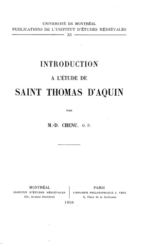 Introduction à l'étude de saint Thomas d'Aquin