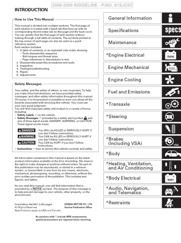 2006- 2008 Honda Ridgeline Service Manual P/NO SC-61SJC02