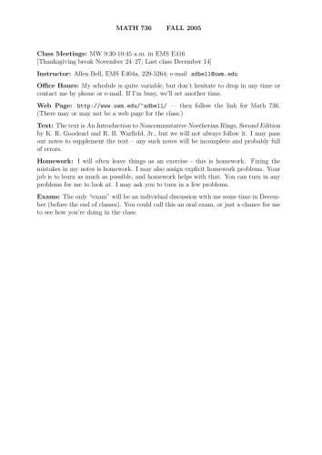 Math 736: Topics in Algebra (Noncommutative Noetherian Rings) [Lecture notes]