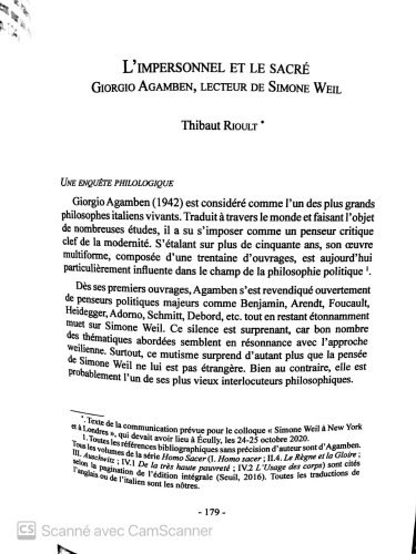 L’impersonnel et le sacré. Giorgio Agamben, lecteur de Simone Weil