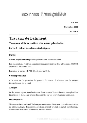 NF DTU 40.5 (P36-201) : Travaux d'évacuation des eaux pluviales