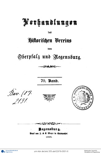 Verhandlungen des Historischen Vereins für Oberpfalz und Regensburg