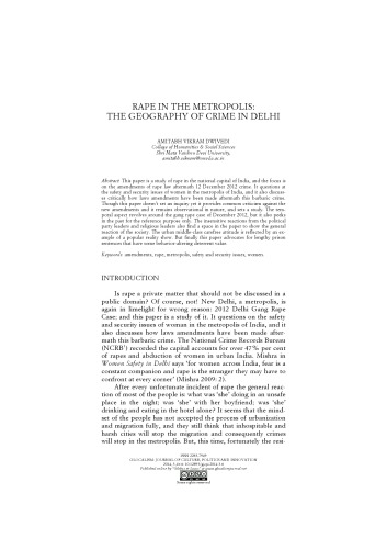 GLOCALISM: JOURNAL OF CULTURE, POLITICS AND INNOVATION RAPE IN THE METROPOLIS: THE GEOGRAPHY OF CRIME IN DELHI
