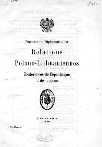 Relations Polono-Lithuaniennes : Conférences de Copenhague et de Lugano : documents diplomatiques