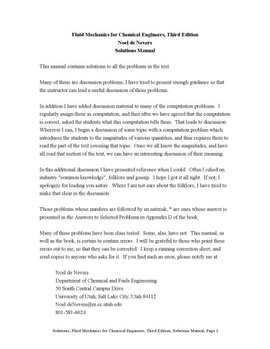 Solutions manual to Fluid Mechanics for Chemical Engineers
