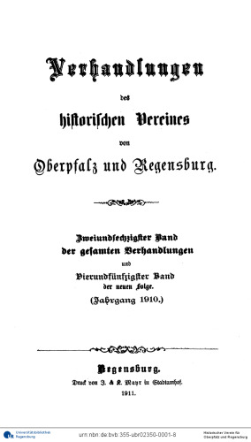 Verhandlungen des Historischen Vereins für Oberpfalz und Regensburg