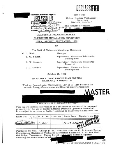 Plutonium Metallurgy Operation (qtrly rpt Jul-Sep 1962) [declassified]
