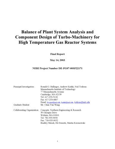 Systems Anal and Component Design - Turbomach. for HTGR Systems - NERI