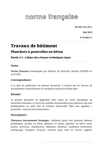 NF DTU 23.5 (P19-204) : Planchers à poutrelles en béton