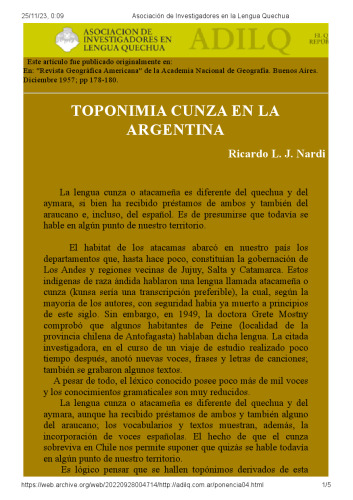 Toponimia cunza en la Argentina