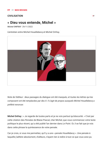 Front Populaire Dieu vous entende, Michel - L'entretien entre Michel Houellebecq et Michel Onfray