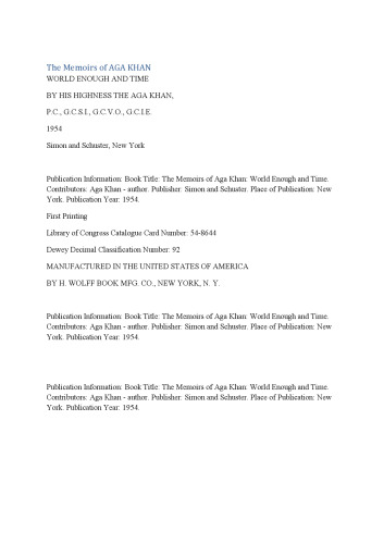 The Memoirs of Agha Khan, World Enough and Time