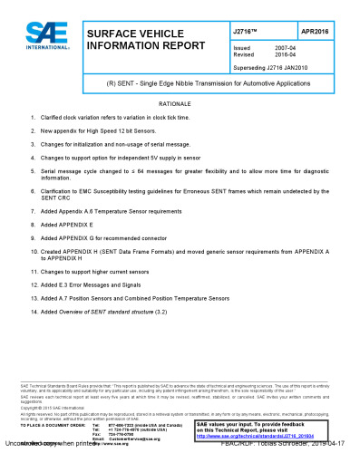 SENT - Single Edge Nibble Transmission for Automotive Applications J2716 2016-04