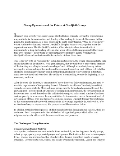 Group Dynamics and the Future of Gurdjieff Groups