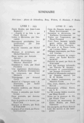 La musique et ses problèmes contemporains, 1953-1963