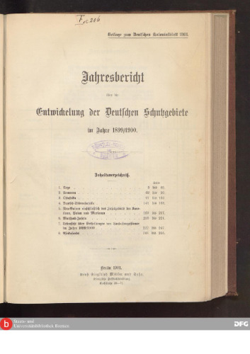 Jahresbericht über die Entwicklung der deutschen Schutzgebete im Jahre 1899/1900