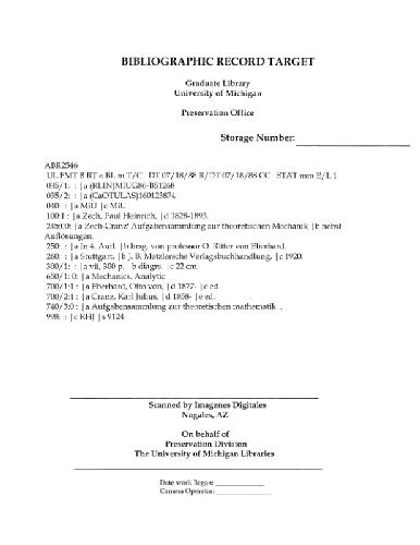 Zech-Cranz' Aufgabensammlung zur theoretischen Mechanik nebst Aufloesungen