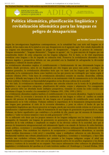Política idiomática, planificación lingüística y revitalización idiomática para las lenguas en peligro de desaparición