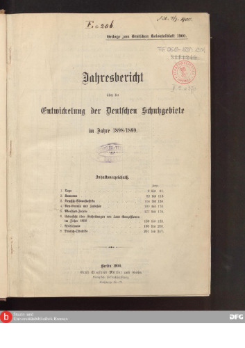 Jahresbericht über die Entwicklung der deutschen Schutzgebete im Jahre 1898/1899