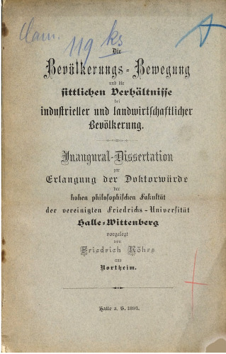 Die Bevölkerungs-Bewegung und die sittlichen Verhältnisse bei industrieller und landwirtschaftlicher Bevölkerung