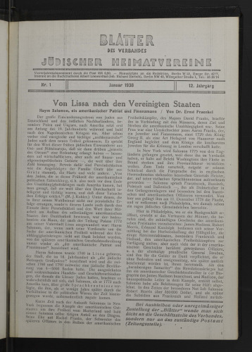 Blätter des Verbandes jüdischer Heimatverein (vormals Posener Heimatblätter)