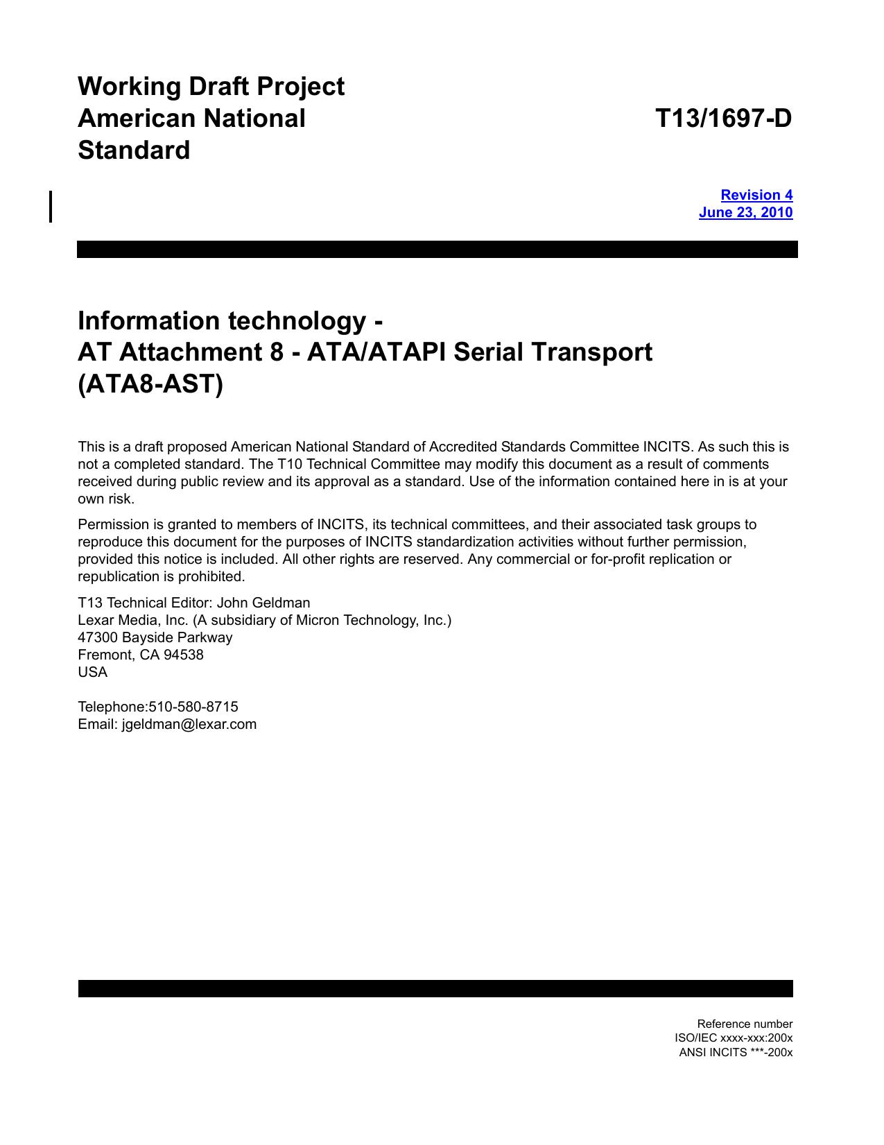 AT Attachment 8 - ATA/ATAPI Serial Transport (ATA8-AST r4)