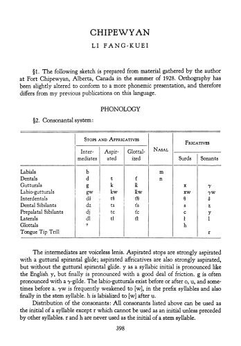 Chipewyan Grammar : from Linguistic Structures of Native America, pp. 398-423