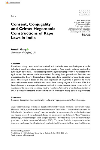 Consent, Conjugality and Crime: Hegemonic Constructions of Rape Laws in India