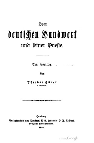 Vom deutschen Handwerk und seiner Poesie. Ein Vortrag