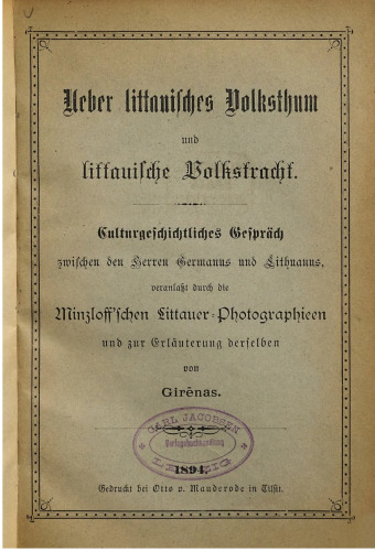Über litauisches Volkstum und litauische Volkstracht