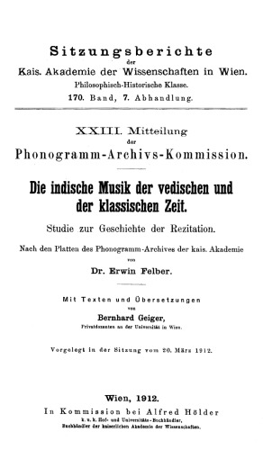 Die indische Musik der vedischen und der klassischen Zeit: Studie zur Geschichte der Rezitation