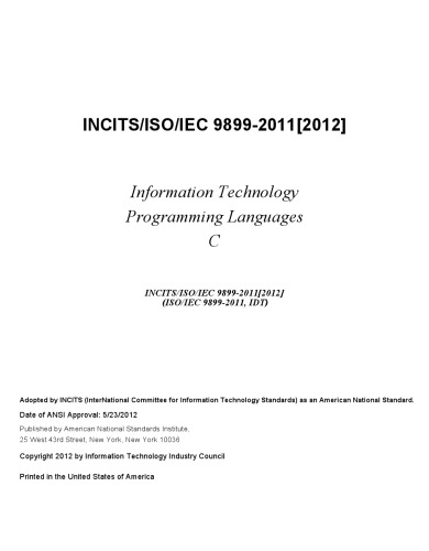 INCITS/ISO/IEC 9899-2011[2012] - Programming Languages - C