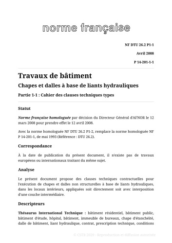 NF DTU 26.2 (P14-201) : Chapes et dalles à base de liants hydrauliques