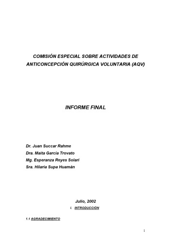 Comisión Especial sobre Actividades de Anticoncepción Quirúrgica Voluntaria (AQV). Informe Final