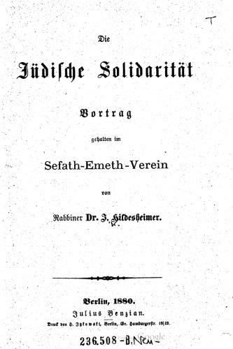 Die jüdische Solidarität ; Vortrag gehalten im Sefath-Emeth-Verein