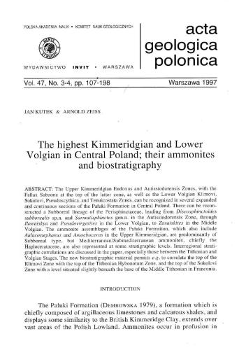 The highest Kimmeridgian and Lower Volgian in Central Poland; their ammonites and biostratigraphy