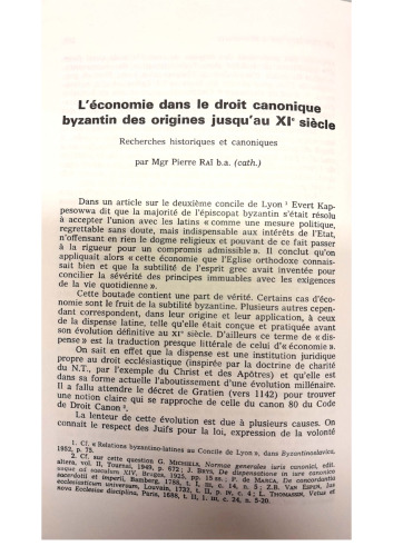L'économie dans le droit canonique byzantin des origines jusqu'au XIe siècle