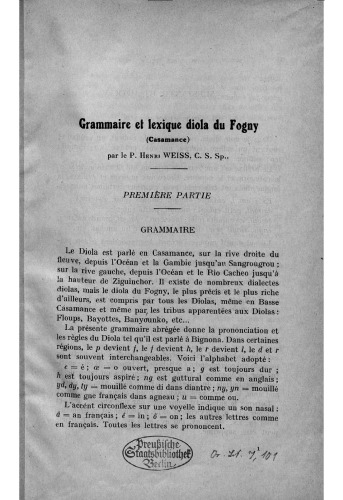 Grammaire et lexique diola du Fogny