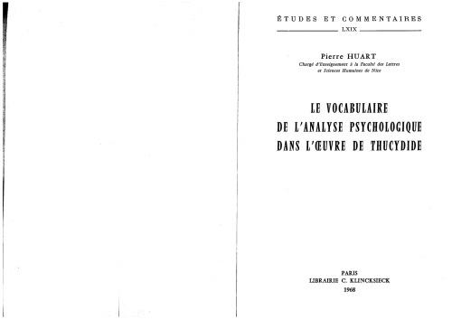 Le vocabulaire de l'analyse psychologique dans l'oeuvre de Thucydide