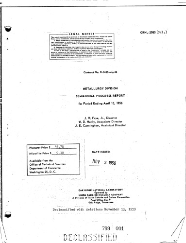 Metallurgy Division - Semiannual Progress Rpt [Apr 10, 1956] [Declassified]