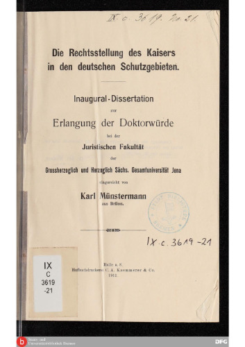 Die Rechtsstellung des Kaisers in den deutschen Schutzgebieten