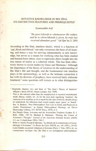 Intuitive Knowledge in Ibn Sīnā: Its Distinctive Features and Prerequisites