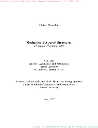 Solution Manual for Mechanics of Aircraft Structures 2'nd edition C.T. Sun