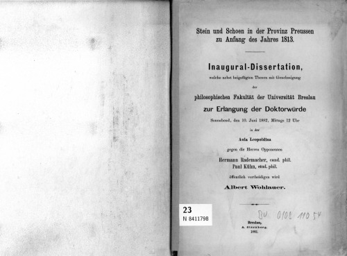 Stein und Schoen in der Provinz Preussen zu Anfang des Jahres 1813