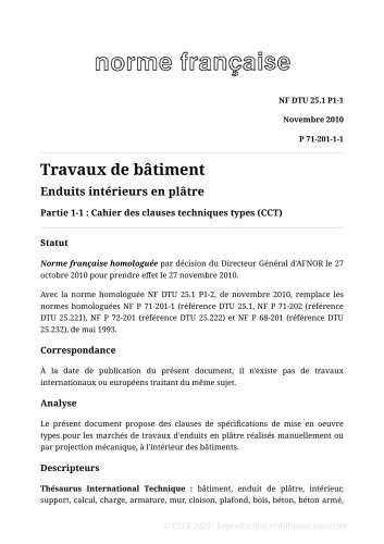 NF DTU 25.1 (P71-201) : Enduits intérieurs en plâtre